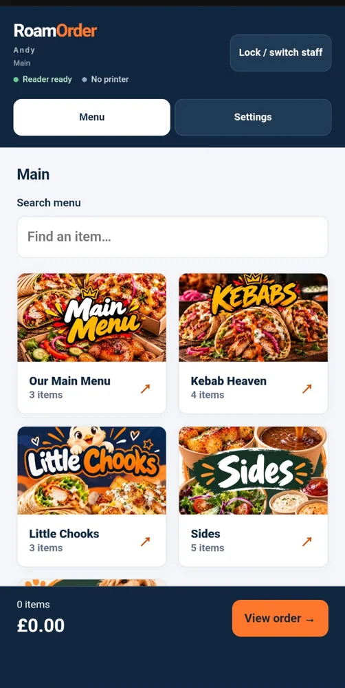 RoamOrder hospitality ordering software interface